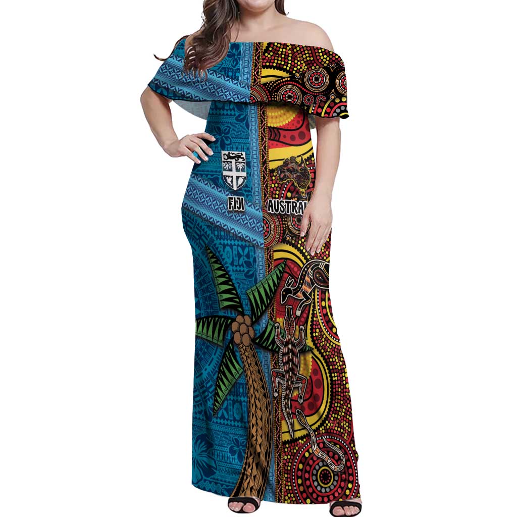 Personalised Australia and Fiji Together Off Shoulder Maxi Dress Tribal Palm Tree with Tapa and Aboriginal Animals Half Style LT03 Women Blue - Polynesian Pride