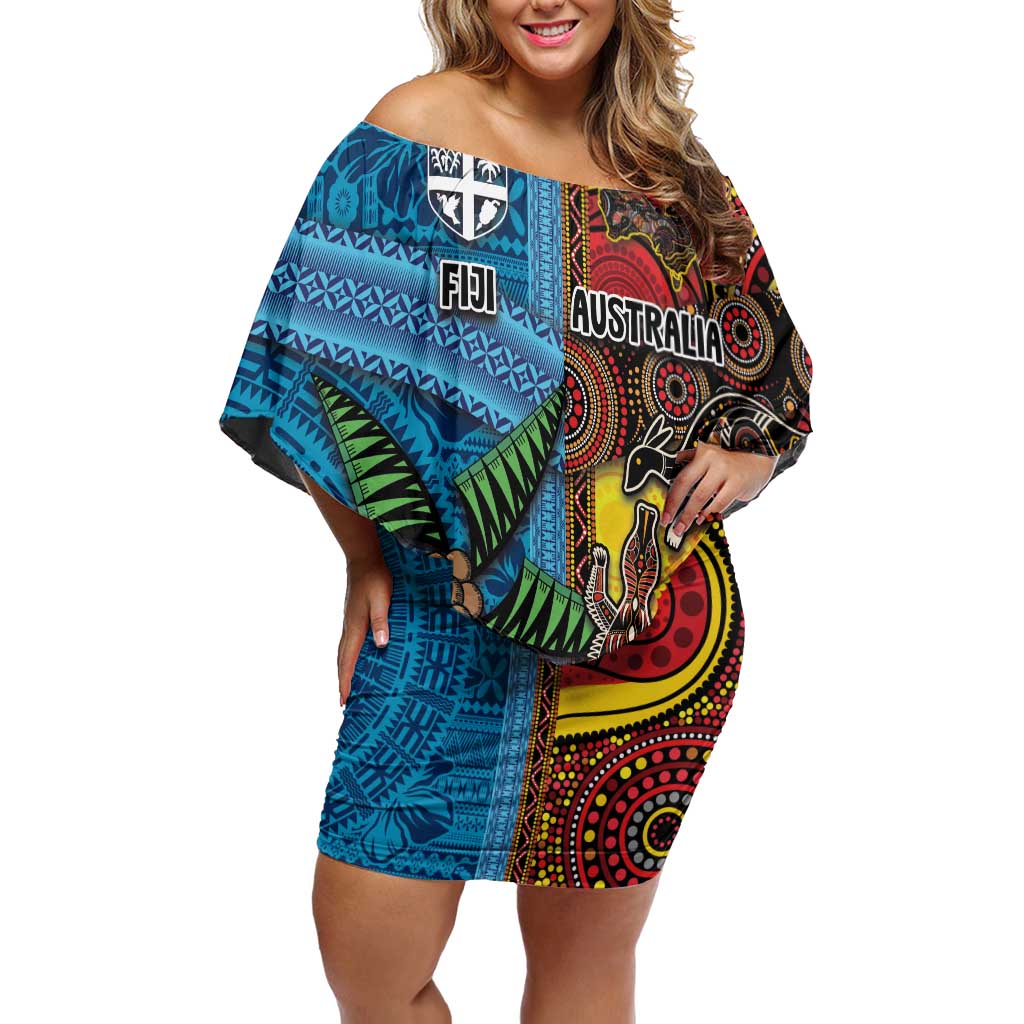 Personalised Australia and Fiji Together Off Shoulder Short Dress Tribal Palm Tree with Tapa and Aboriginal Animals Half Style LT03 Women Blue - Polynesian Pride