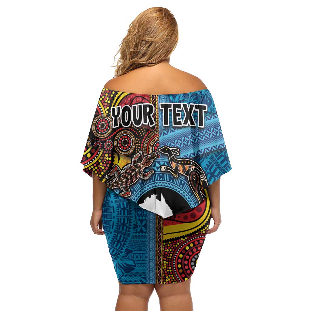 Personalised Australia and Fiji Together Off Shoulder Short Dress Tribal Palm Tree with Tapa and Aboriginal Animals Half Style LT03 - Polynesian Pride