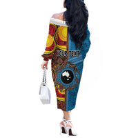 Personalised Australia and Fiji Together Off The Shoulder Long Sleeve Dress Tribal Palm Tree with Tapa and Aboriginal Animals Half Style LT03 - Polynesian Pride