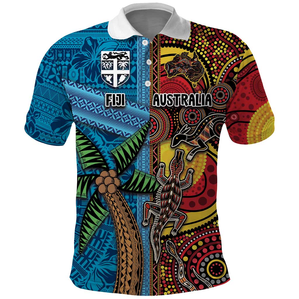 Personalised Australia and Fiji Together Polo Shirt Tribal Palm Tree with Tapa and Aboriginal Animals Half Style LT03 Blue - Polynesian Pride
