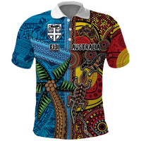 Personalised Australia and Fiji Together Polo Shirt Tribal Palm Tree with Tapa and Aboriginal Animals Half Style LT03 Blue - Polynesian Pride