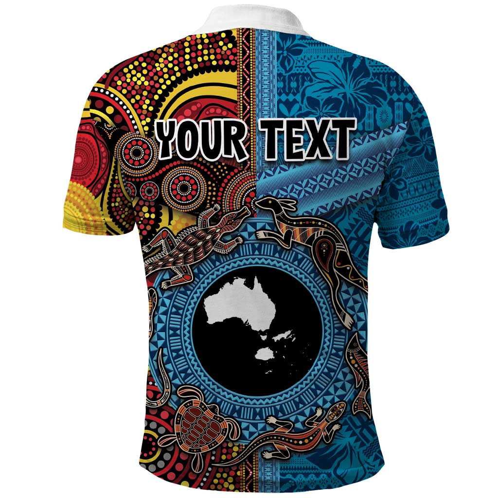 Personalised Australia and Fiji Together Polo Shirt Tribal Palm Tree with Tapa and Aboriginal Animals Half Style LT03 - Polynesian Pride