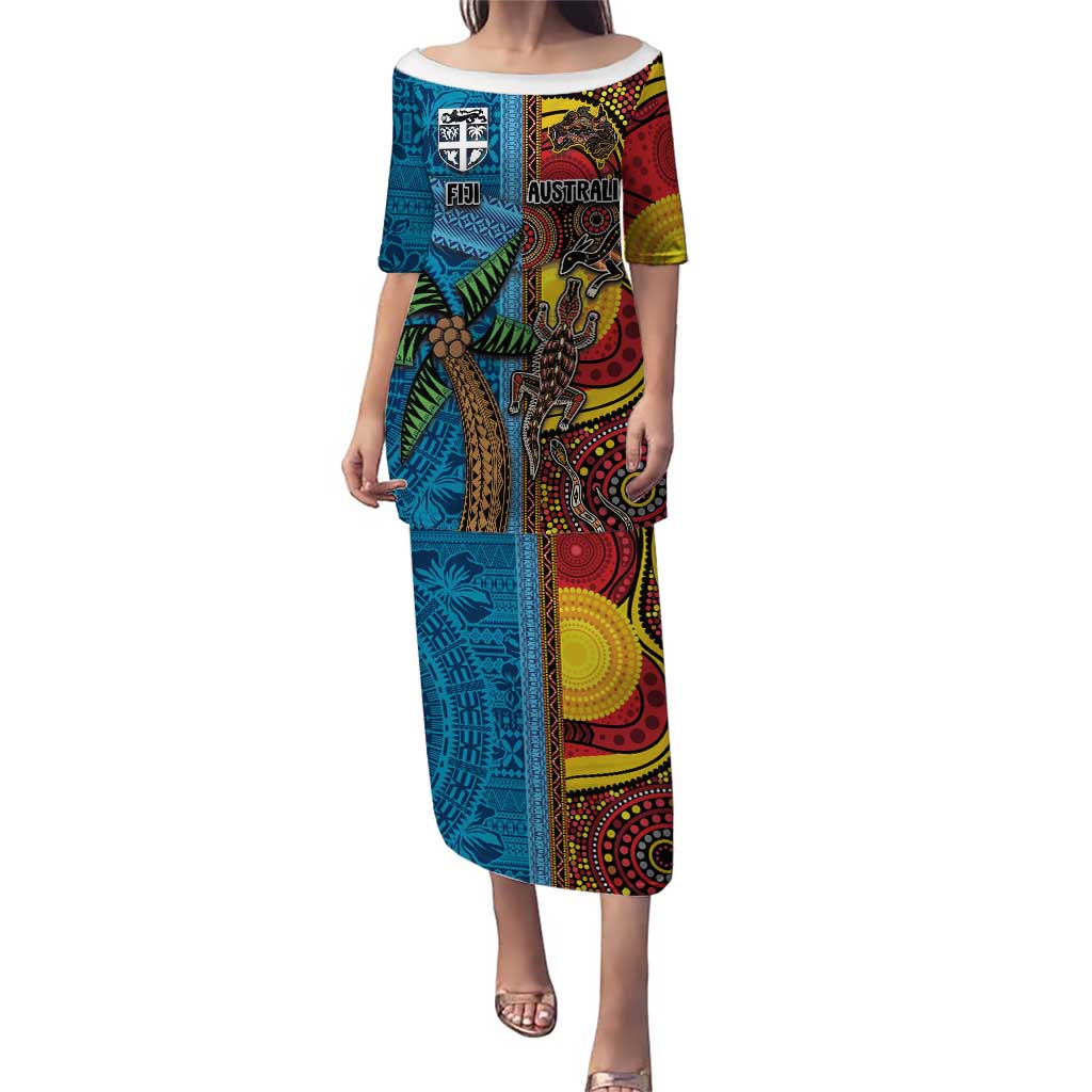 Personalised Australia and Fiji Together Puletasi Tribal Palm Tree with Tapa and Aboriginal Animals Half Style LT03 Long Dress Blue - Polynesian Pride