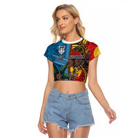 Personalised Australia and Fiji Together Raglan Cropped T Shirt Tribal Palm Tree with Tapa and Aboriginal Animals Half Style LT03 Female Blue - Polynesian Pride
