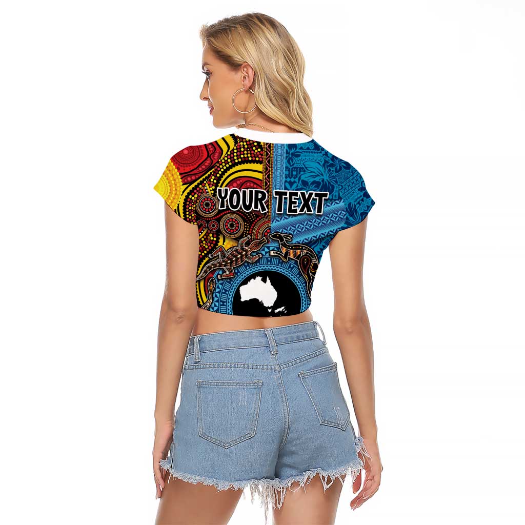Personalised Australia and Fiji Together Raglan Cropped T Shirt Tribal Palm Tree with Tapa and Aboriginal Animals Half Style LT03 - Polynesian Pride