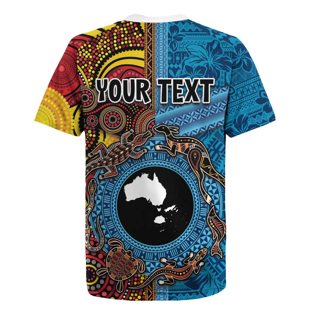 Personalised Australia and Fiji Together Rugby Jersey Tribal Palm Tree with Tapa and Aboriginal Animals Half Style LT03 - Polynesian Pride