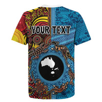 Personalised Australia and Fiji Together Rugby Jersey Tribal Palm Tree with Tapa and Aboriginal Animals Half Style LT03 - Polynesian Pride