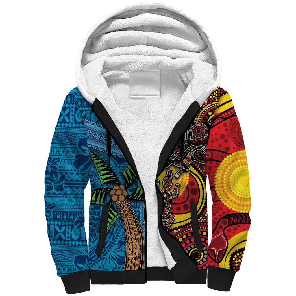 Personalised Australia and Fiji Together Sherpa Hoodie Tribal Palm Tree with Tapa and Aboriginal Animals Half Style LT03 Unisex Blue - Polynesian Pride