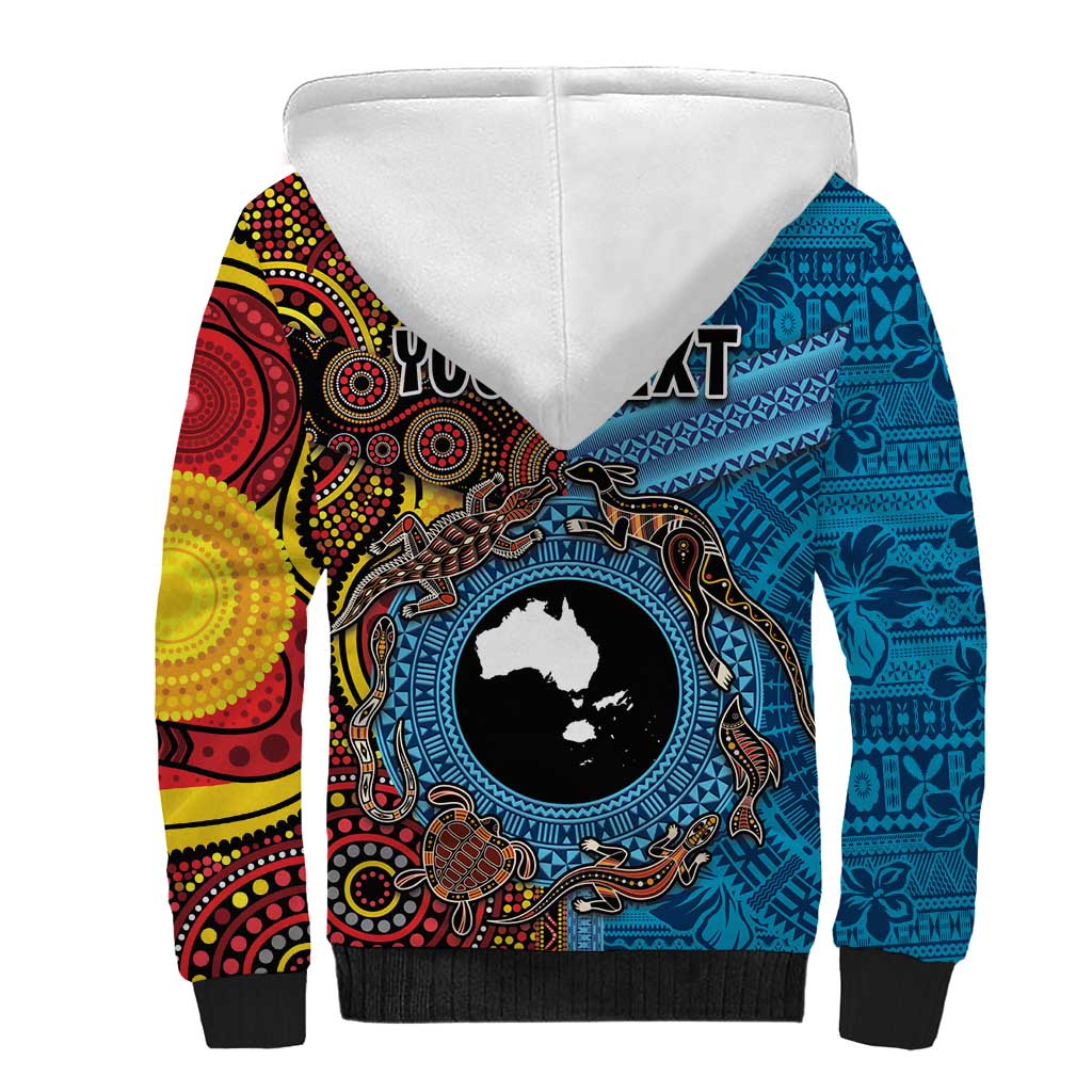 Personalised Australia and Fiji Together Sherpa Hoodie Tribal Palm Tree with Tapa and Aboriginal Animals Half Style LT03 - Polynesian Pride