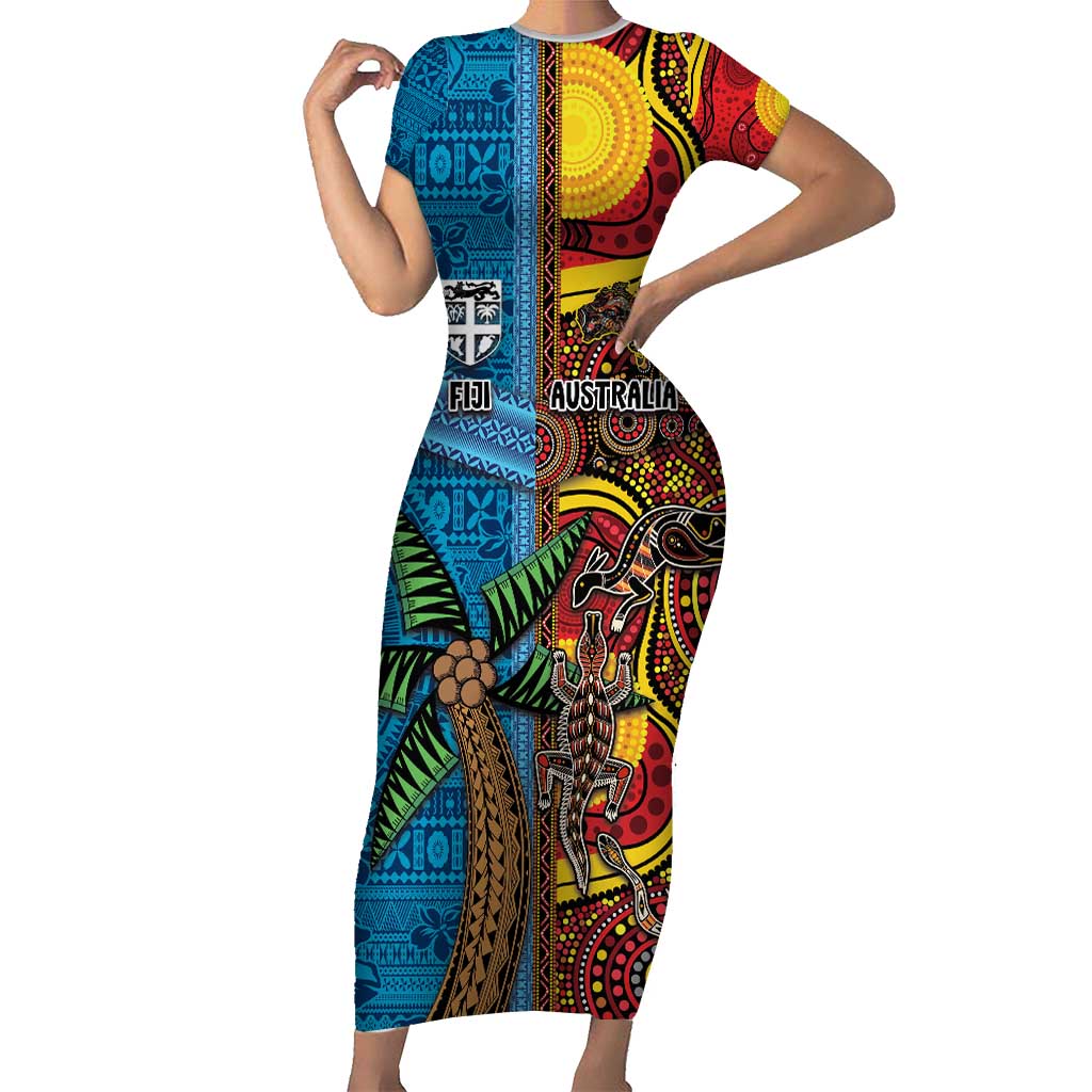 Personalised Australia and Fiji Together Short Sleeve Bodycon Dress Tribal Palm Tree with Tapa and Aboriginal Animals Half Style LT03 Long Dress Blue - Polynesian Pride