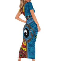 Personalised Australia and Fiji Together Short Sleeve Bodycon Dress Tribal Palm Tree with Tapa and Aboriginal Animals Half Style LT03 - Polynesian Pride