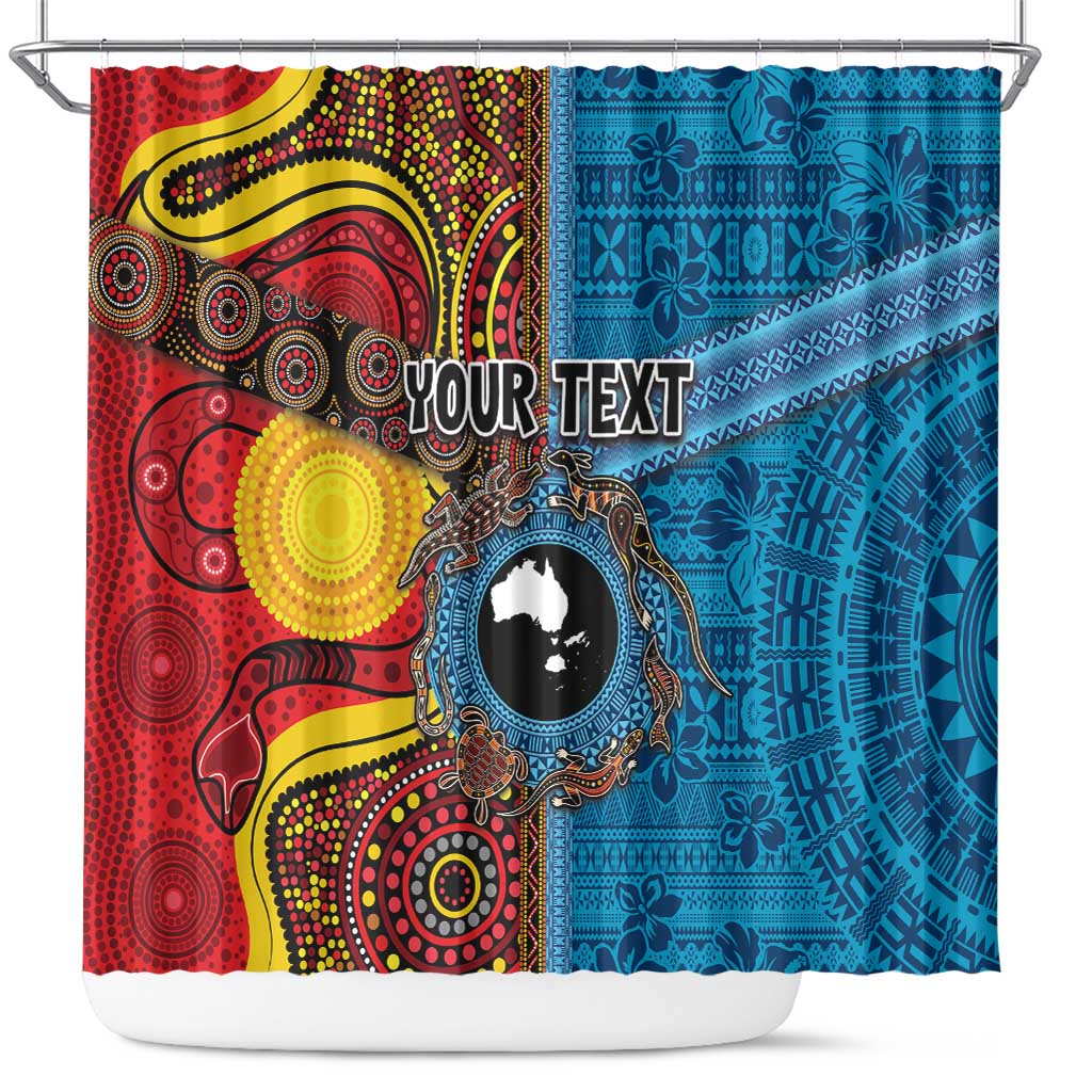 Personalised Australia and Fiji Together Shower Curtain Tribal Palm Tree with Tapa and Aboriginal Animals Half Style LT03 Blue - Polynesian Pride