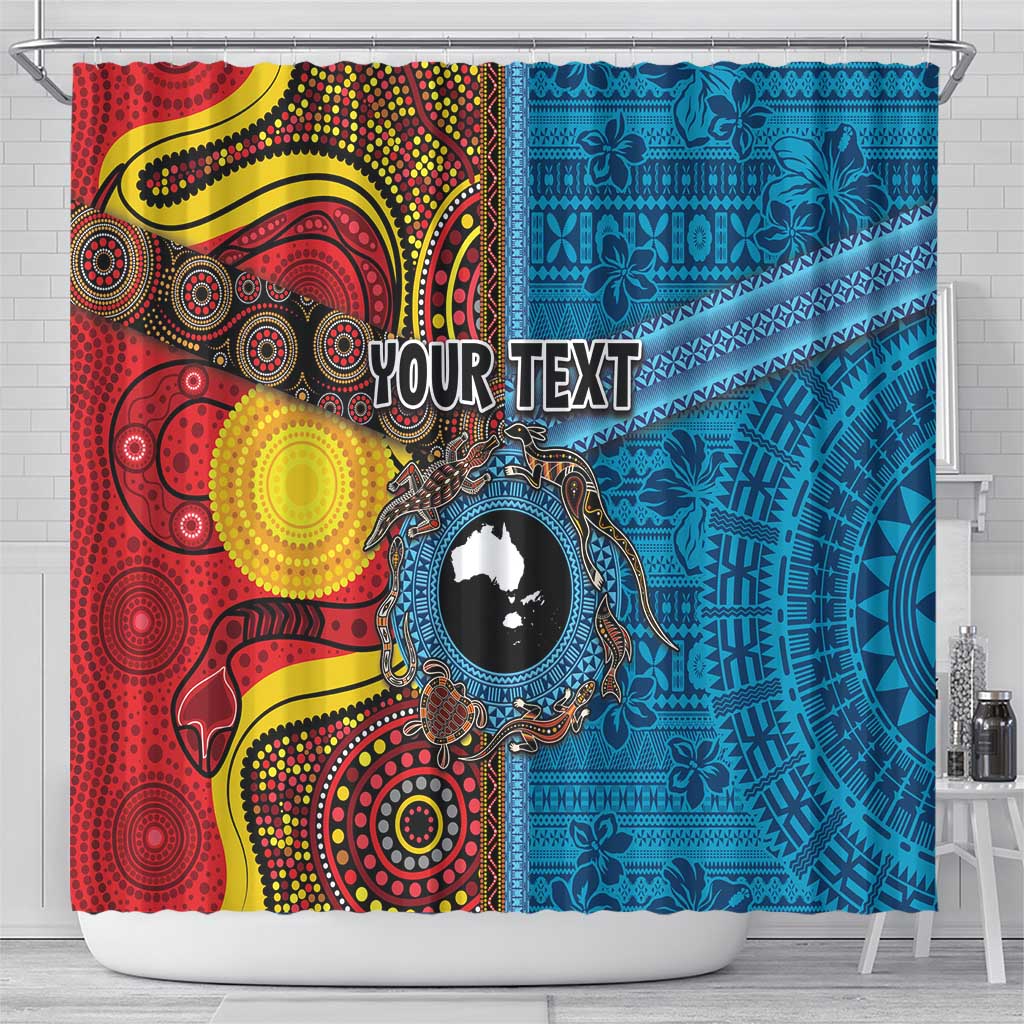 Personalised Australia and Fiji Together Shower Curtain Tribal Palm Tree with Tapa and Aboriginal Animals Half Style LT03 - Polynesian Pride