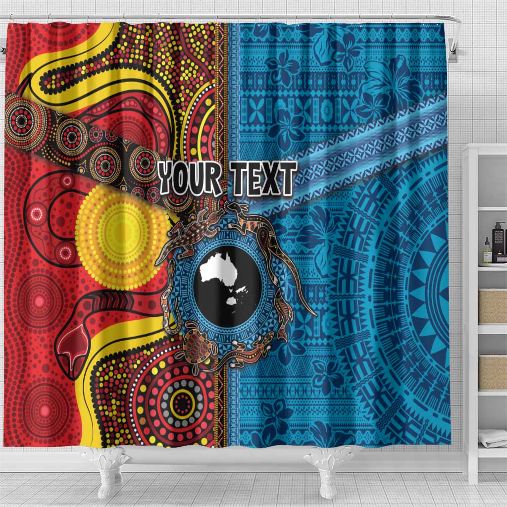 Personalised Australia and Fiji Together Shower Curtain Tribal Palm Tree with Tapa and Aboriginal Animals Half Style LT03 - Polynesian Pride
