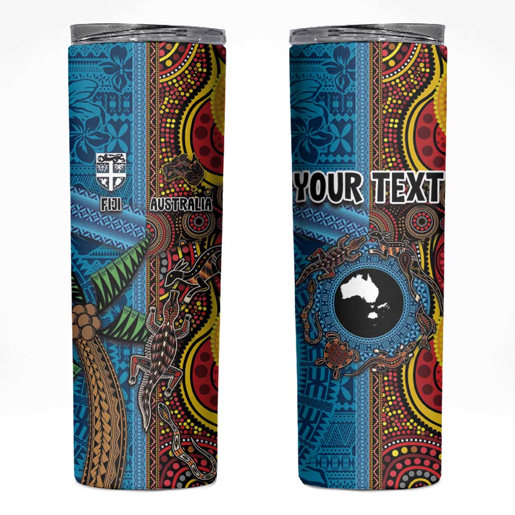 Personalised Australia and Fiji Together Skinny Tumbler Tribal Palm Tree with Tapa and Aboriginal Animals Half Style LT03 Blue - Polynesian Pride
