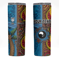 Personalised Australia and Fiji Together Skinny Tumbler Tribal Palm Tree with Tapa and Aboriginal Animals Half Style LT03 Blue - Polynesian Pride