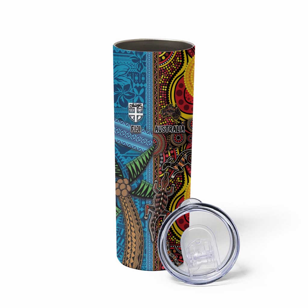 Personalised Australia and Fiji Together Skinny Tumbler Tribal Palm Tree with Tapa and Aboriginal Animals Half Style LT03 - Polynesian Pride