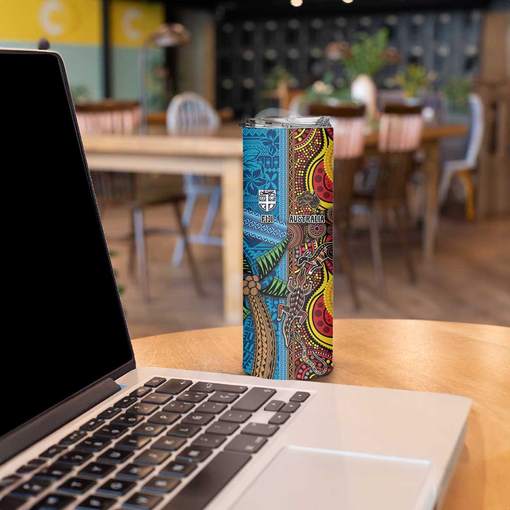 Personalised Australia and Fiji Together Skinny Tumbler Tribal Palm Tree with Tapa and Aboriginal Animals Half Style LT03 - Polynesian Pride