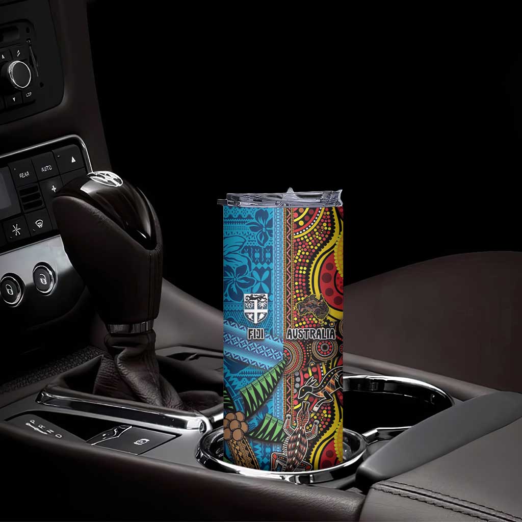 Personalised Australia and Fiji Together Skinny Tumbler Tribal Palm Tree with Tapa and Aboriginal Animals Half Style LT03 - Polynesian Pride
