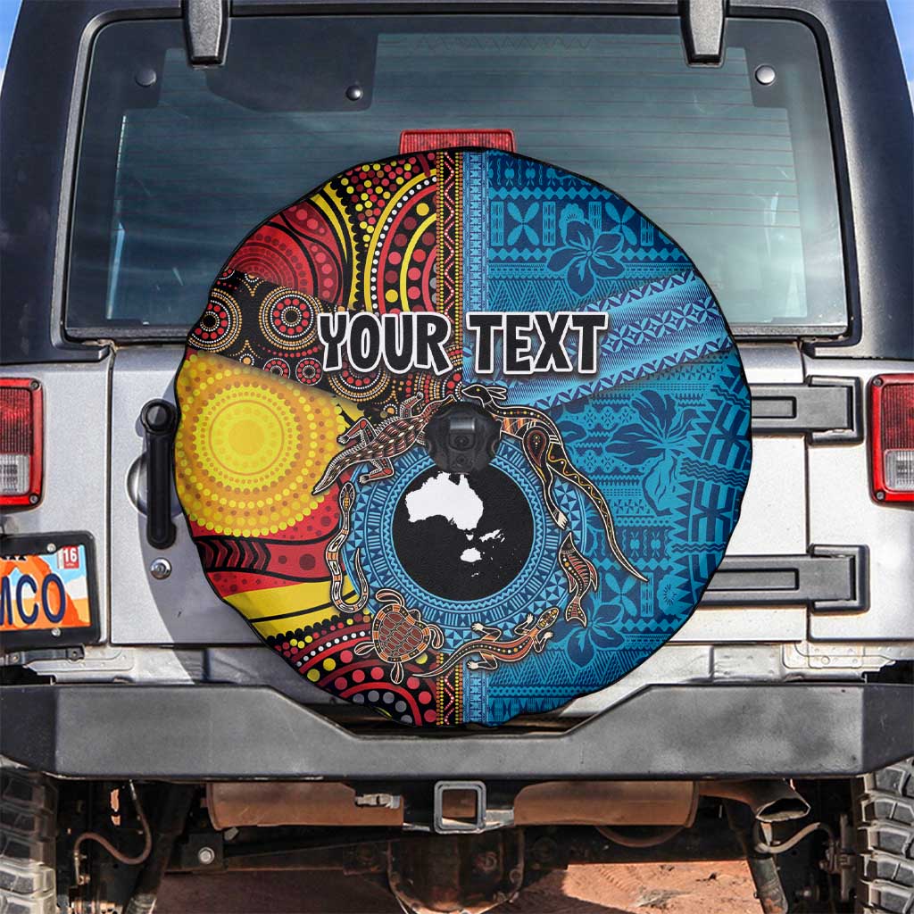 Personalised Australia and Fiji Together Spare Tire Cover Tribal Palm Tree with Tapa and Aboriginal Animals Half Style LT03 Blue - Polynesian Pride