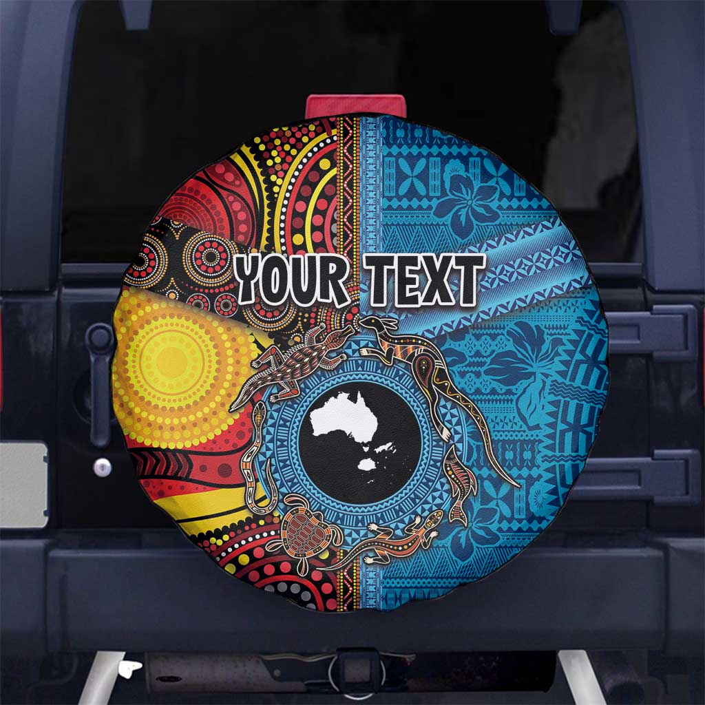 Personalised Australia and Fiji Together Spare Tire Cover Tribal Palm Tree with Tapa and Aboriginal Animals Half Style LT03 No hole Blue - Polynesian Pride