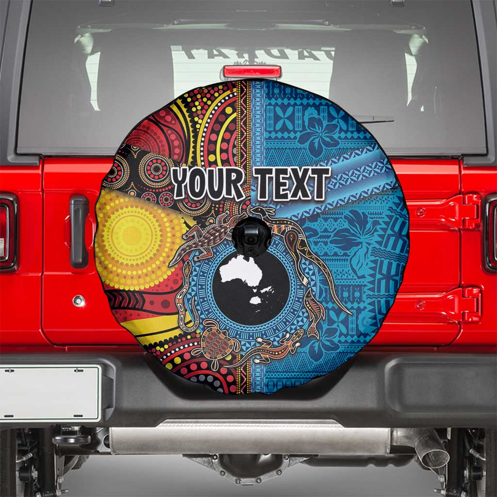 Personalised Australia and Fiji Together Spare Tire Cover Tribal Palm Tree with Tapa and Aboriginal Animals Half Style LT03 - Polynesian Pride