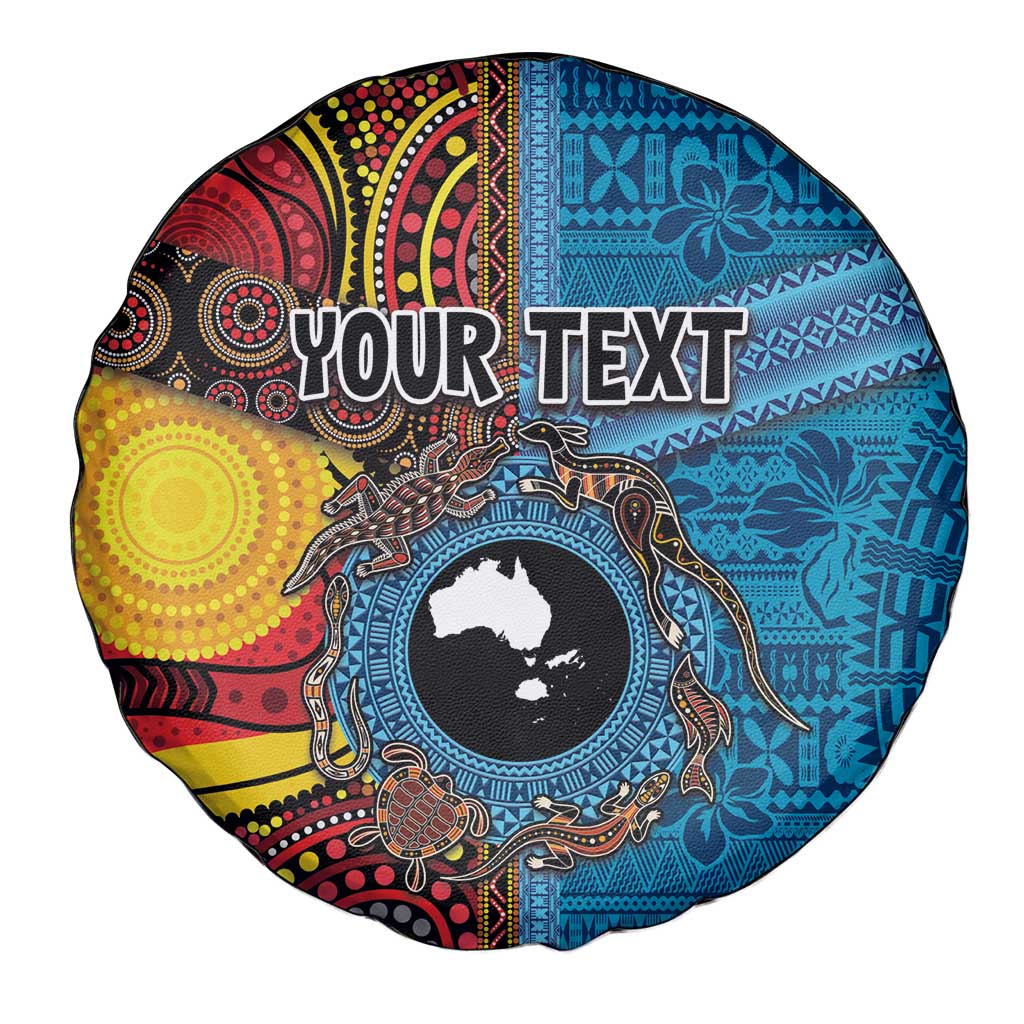 Personalised Australia and Fiji Together Spare Tire Cover Tribal Palm Tree with Tapa and Aboriginal Animals Half Style LT03 - Polynesian Pride
