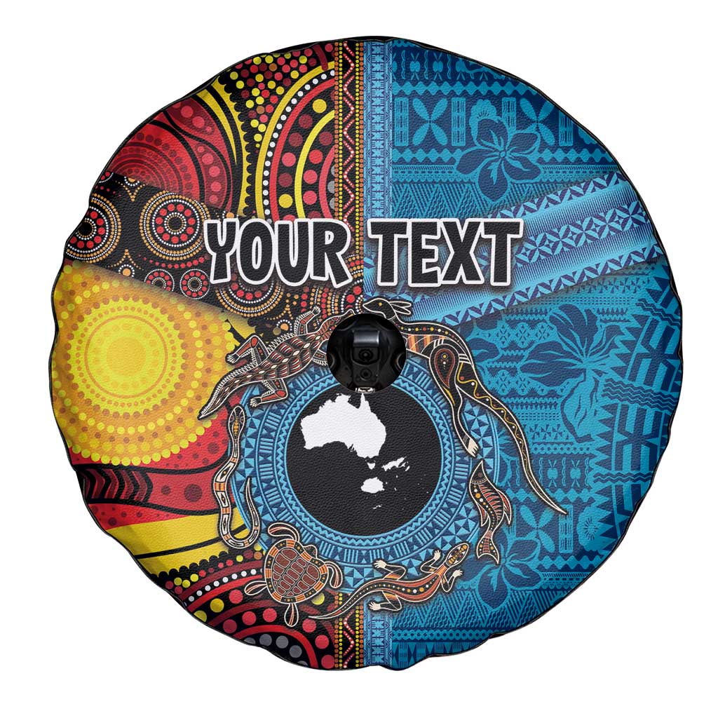 Personalised Australia and Fiji Together Spare Tire Cover Tribal Palm Tree with Tapa and Aboriginal Animals Half Style LT03 - Polynesian Pride