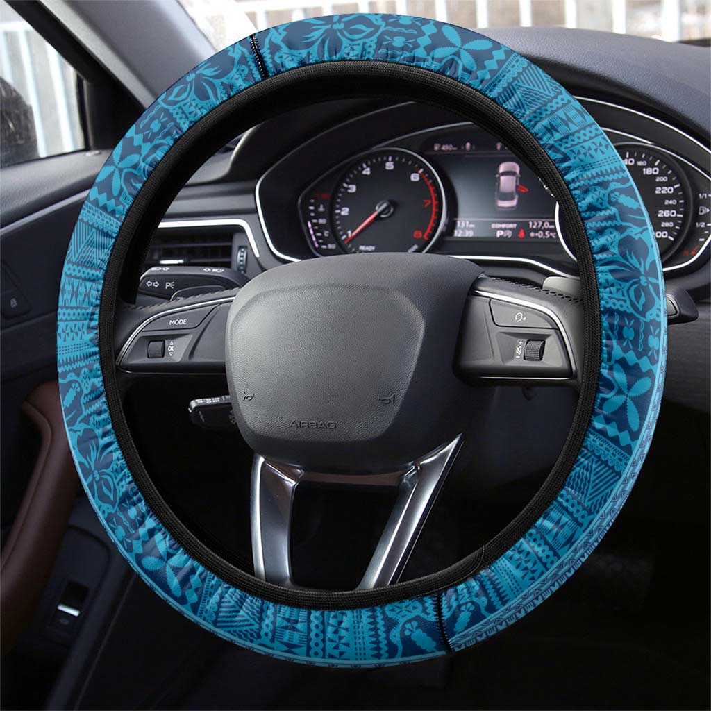Australia and Fiji Together Steering Wheel Cover Tribal Palm Tree with Tapa and Aboriginal Animals Half Style LT03 - Polynesian Pride