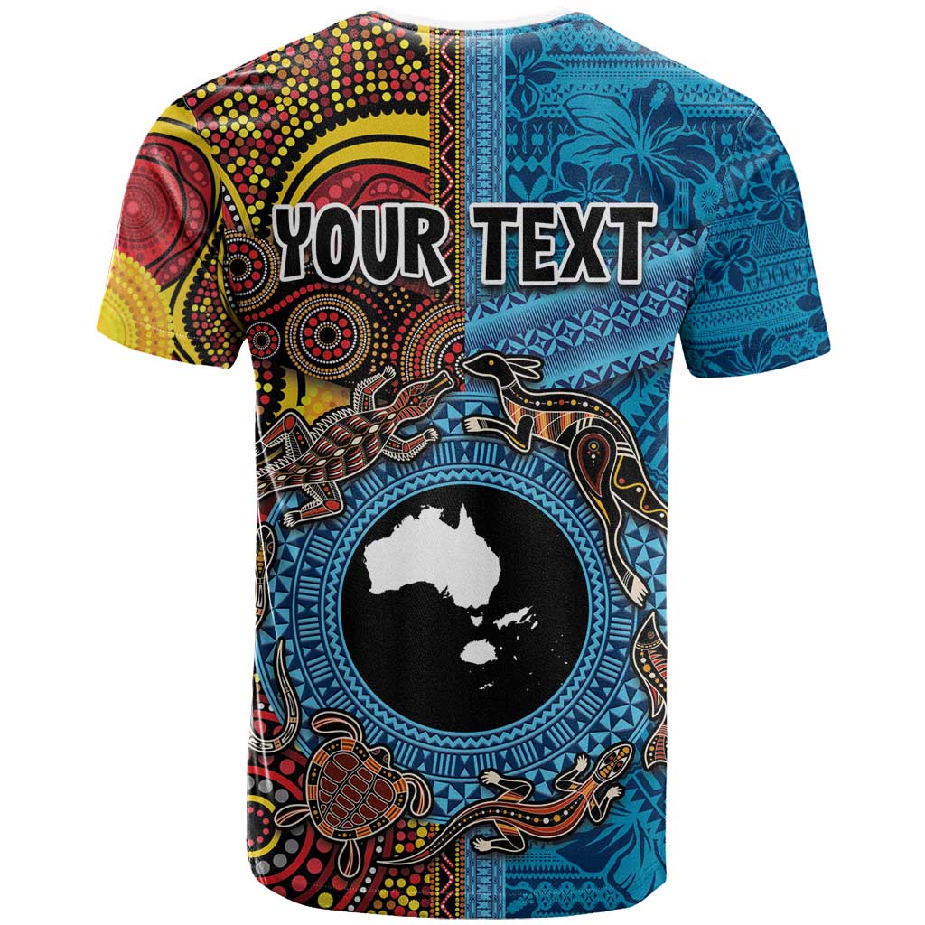 Personalised Australia and Fiji Together T Shirt Tribal Palm Tree with Tapa and Aboriginal Animals Half Style LT03 - Polynesian Pride
