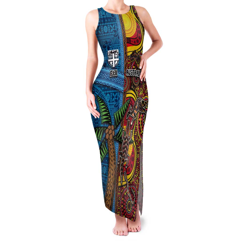 Personalised Australia and Fiji Together Tank Maxi Dress Tribal Palm Tree with Tapa and Aboriginal Animals Half Style LT03 Women Blue - Polynesian Pride
