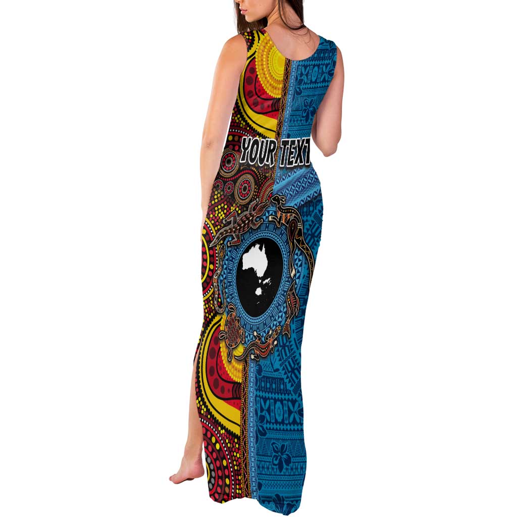 Personalised Australia and Fiji Together Tank Maxi Dress Tribal Palm Tree with Tapa and Aboriginal Animals Half Style LT03 - Polynesian Pride