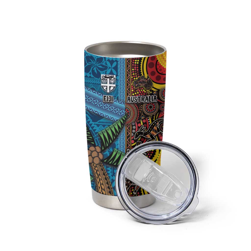 Personalised Australia and Fiji Together Tumbler Cup Tribal Palm Tree with Tapa and Aboriginal Animals Half Style LT03 - Polynesian Pride