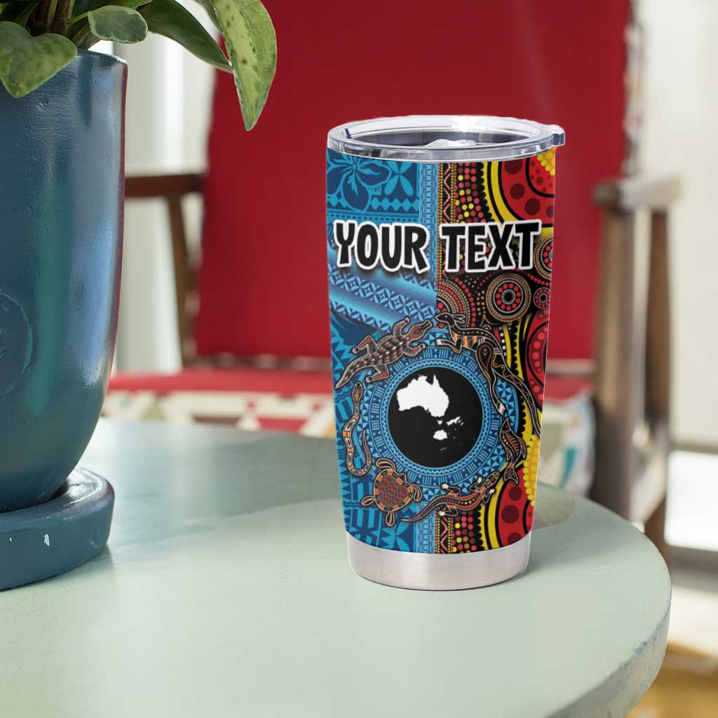 Personalised Australia and Fiji Together Tumbler Cup Tribal Palm Tree with Tapa and Aboriginal Animals Half Style LT03 - Polynesian Pride