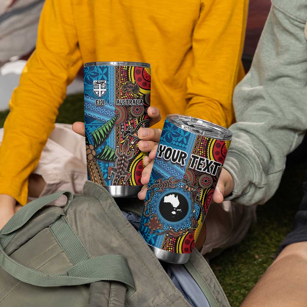 Personalised Australia and Fiji Together Tumbler Cup Tribal Palm Tree with Tapa and Aboriginal Animals Half Style LT03 - Polynesian Pride