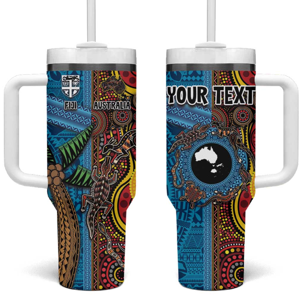 Personalised Australia and Fiji Together Tumbler With Handle Tribal Palm Tree with Tapa and Aboriginal Animals Half Style LT03 One Size: 40 oz Blue - Polynesian Pride