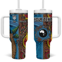 Personalised Australia and Fiji Together Tumbler With Handle Tribal Palm Tree with Tapa and Aboriginal Animals Half Style LT03 One Size: 40 oz Blue - Polynesian Pride