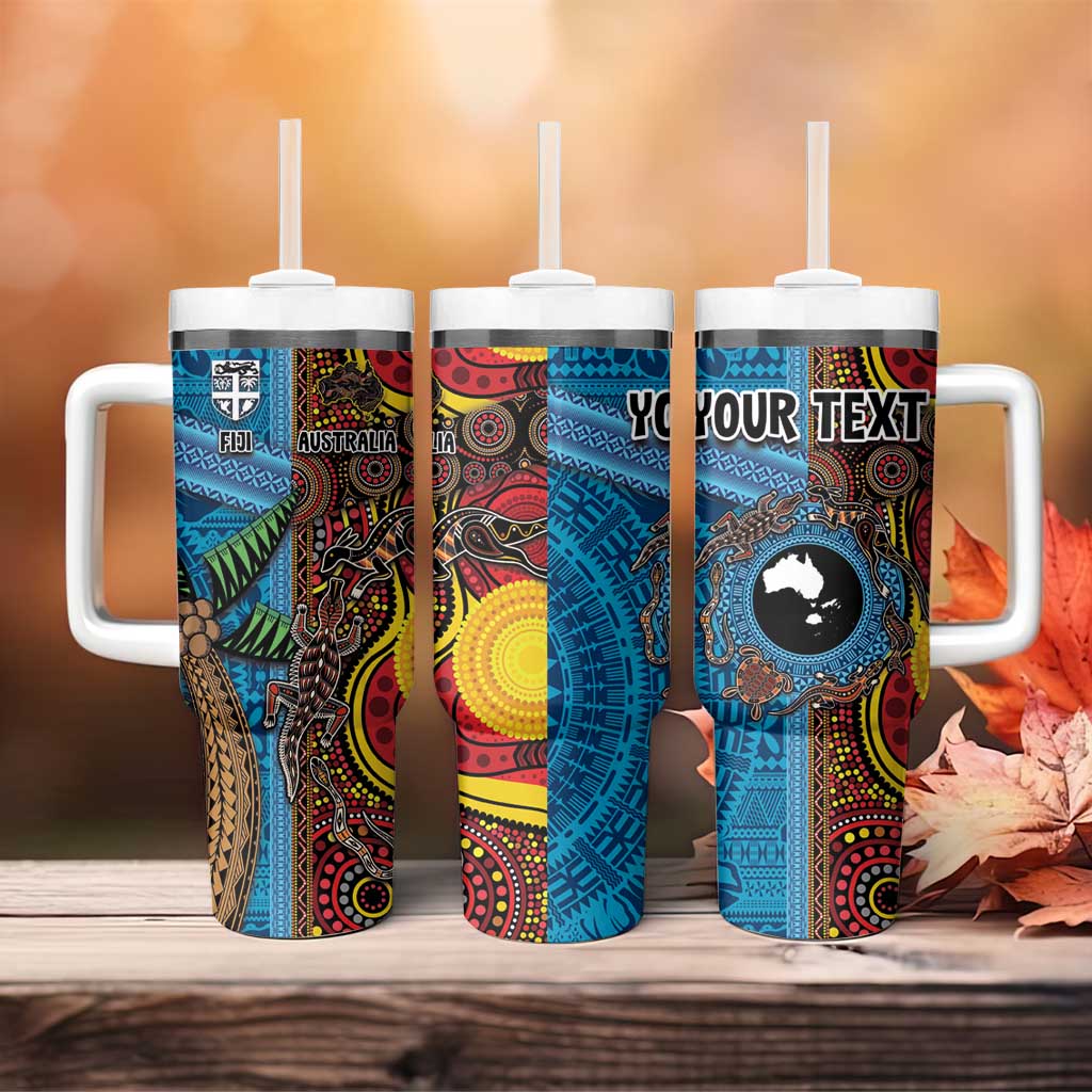 Personalised Australia and Fiji Together Tumbler With Handle Tribal Palm Tree with Tapa and Aboriginal Animals Half Style LT03 - Polynesian Pride