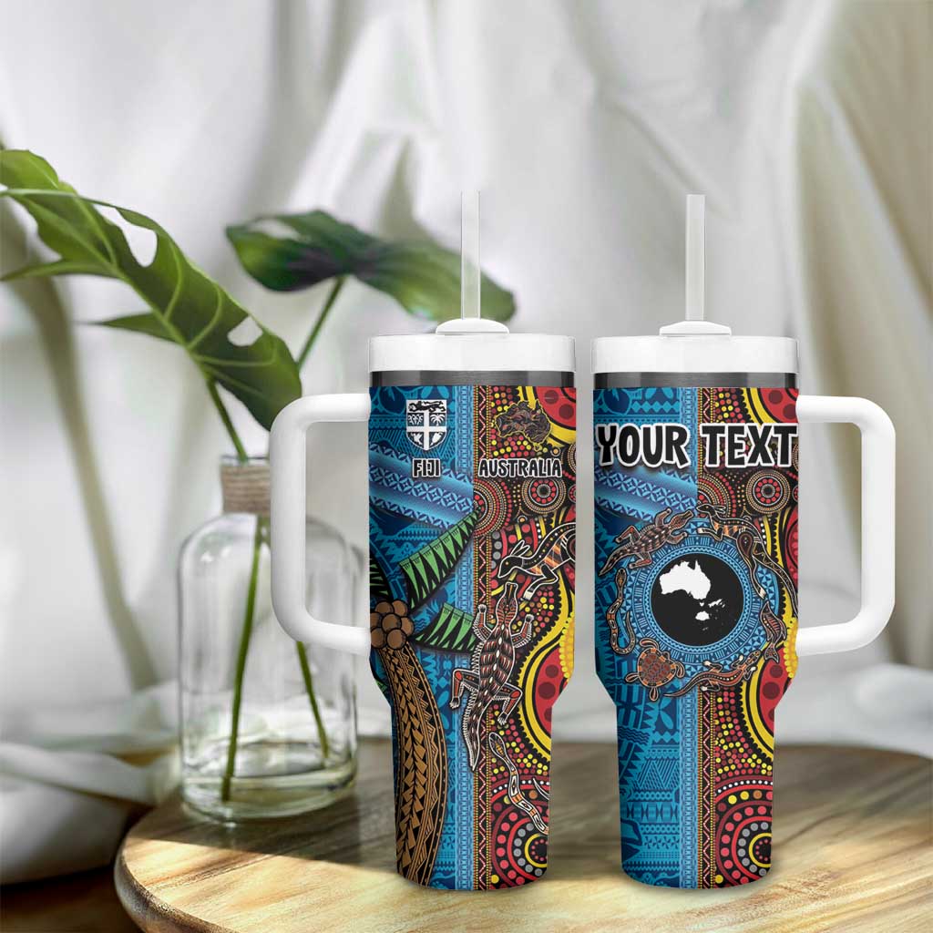 Personalised Australia and Fiji Together Tumbler With Handle Tribal Palm Tree with Tapa and Aboriginal Animals Half Style LT03 - Polynesian Pride