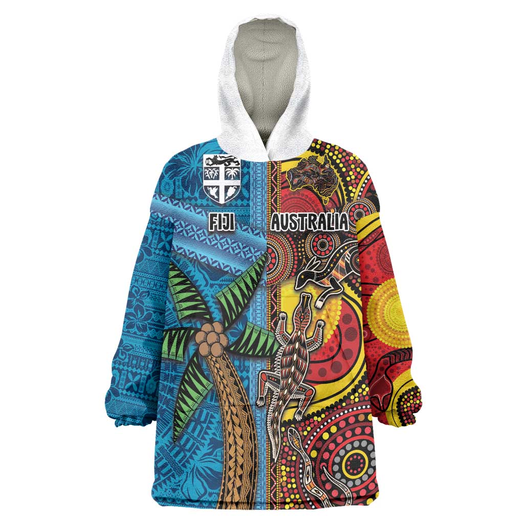 Personalised Australia and Fiji Together Wearable Blanket Hoodie Tribal Palm Tree with Tapa and Aboriginal Animals Half Style LT03 One Size Blue - Polynesian Pride
