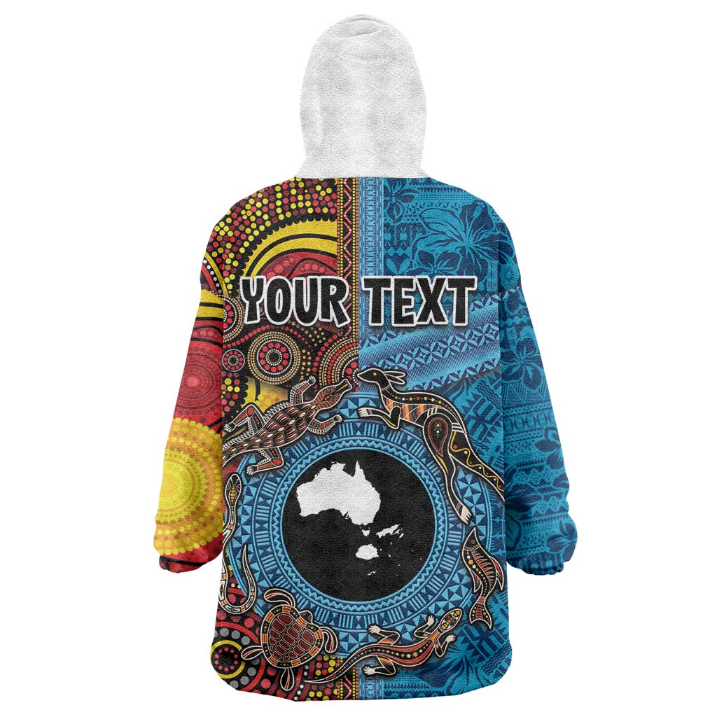 Personalised Australia and Fiji Together Wearable Blanket Hoodie Tribal Palm Tree with Tapa and Aboriginal Animals Half Style LT03 - Polynesian Pride