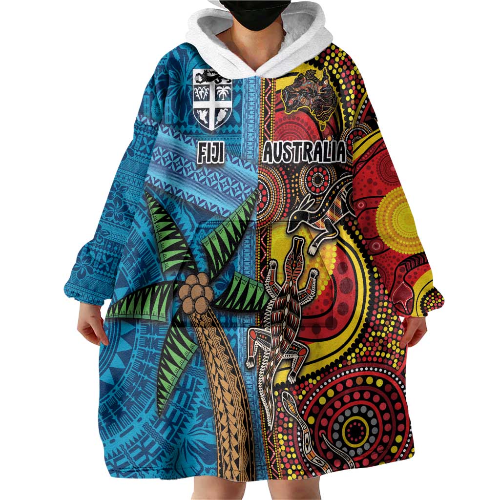 Personalised Australia and Fiji Together Wearable Blanket Hoodie Tribal Palm Tree with Tapa and Aboriginal Animals Half Style LT03 - Polynesian Pride