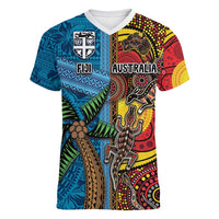 Personalised Australia and Fiji Together Women V-Neck T-Shirt Tribal Palm Tree with Tapa and Aboriginal Animals Half Style LT03 Female Blue - Polynesian Pride
