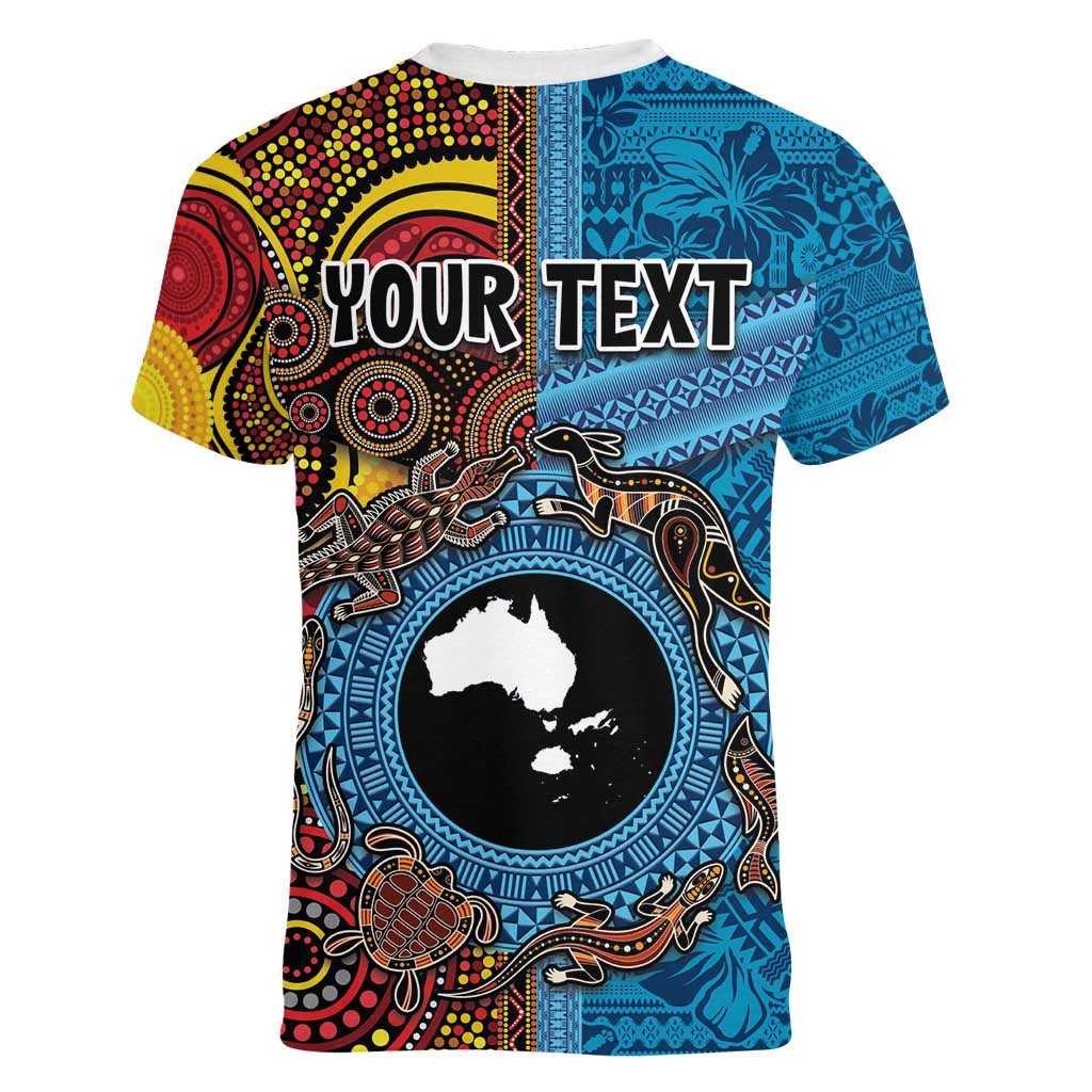 Personalised Australia and Fiji Together Women V-Neck T-Shirt Tribal Palm Tree with Tapa and Aboriginal Animals Half Style LT03 - Polynesian Pride