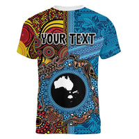 Personalised Australia and Fiji Together Women V-Neck T-Shirt Tribal Palm Tree with Tapa and Aboriginal Animals Half Style LT03 - Polynesian Pride