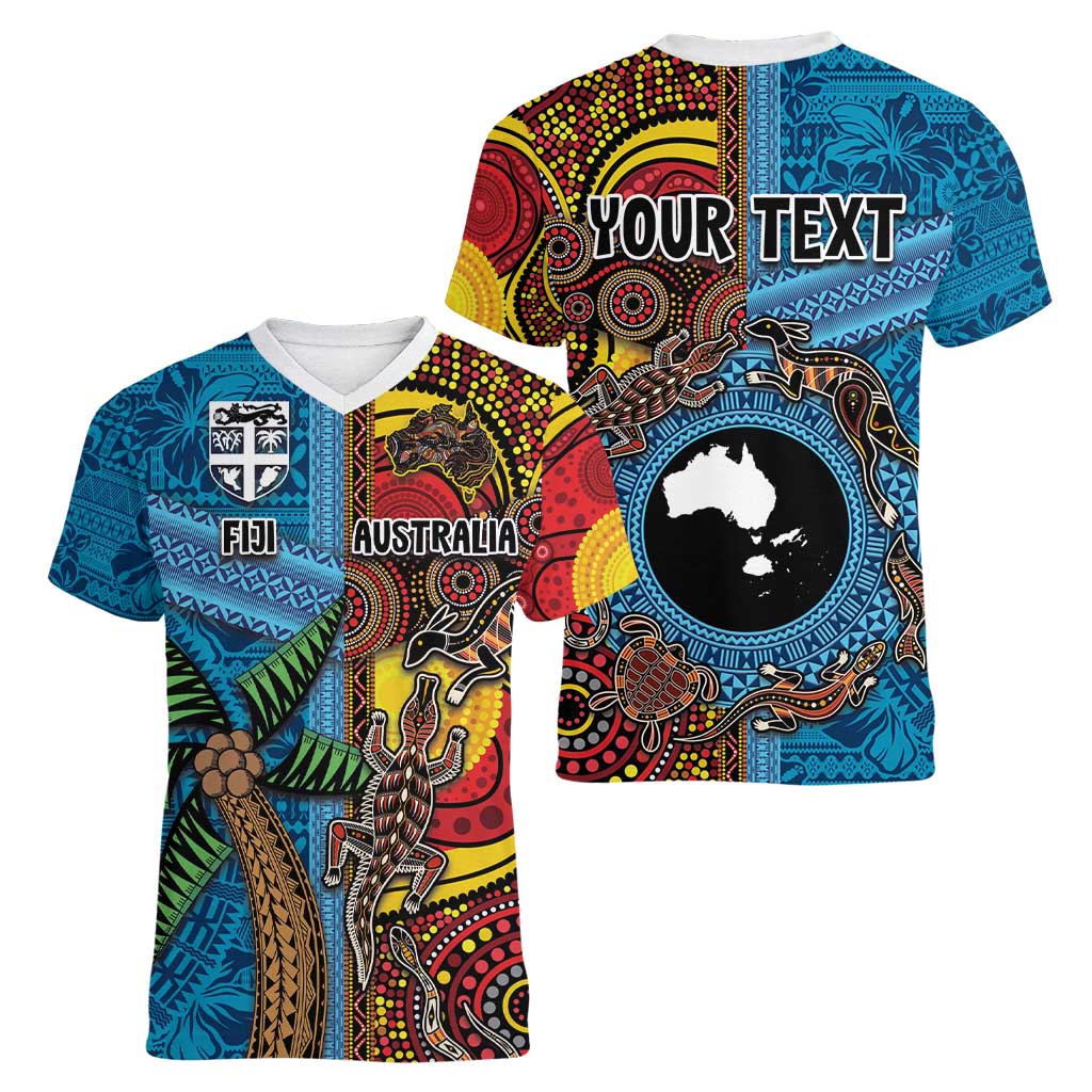 Personalised Australia and Fiji Together Women V-Neck T-Shirt Tribal Palm Tree with Tapa and Aboriginal Animals Half Style LT03 - Polynesian Pride