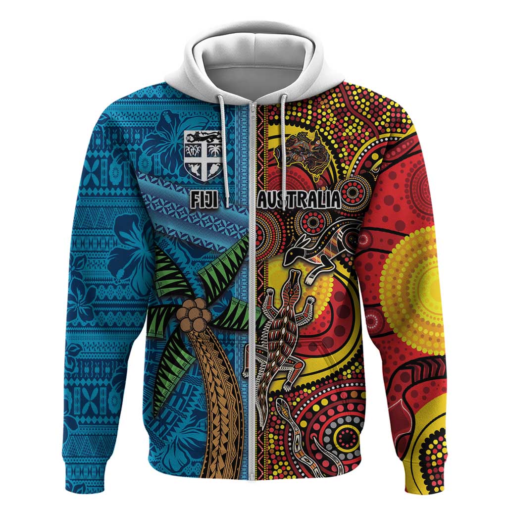 Personalised Australia and Fiji Together Zip Hoodie Tribal Palm Tree with Tapa and Aboriginal Animals Half Style LT03 Zip Hoodie Blue - Polynesian Pride