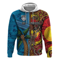 Personalised Australia and Fiji Together Zip Hoodie Tribal Palm Tree with Tapa and Aboriginal Animals Half Style LT03 Pullover Hoodie Blue - Polynesian Pride