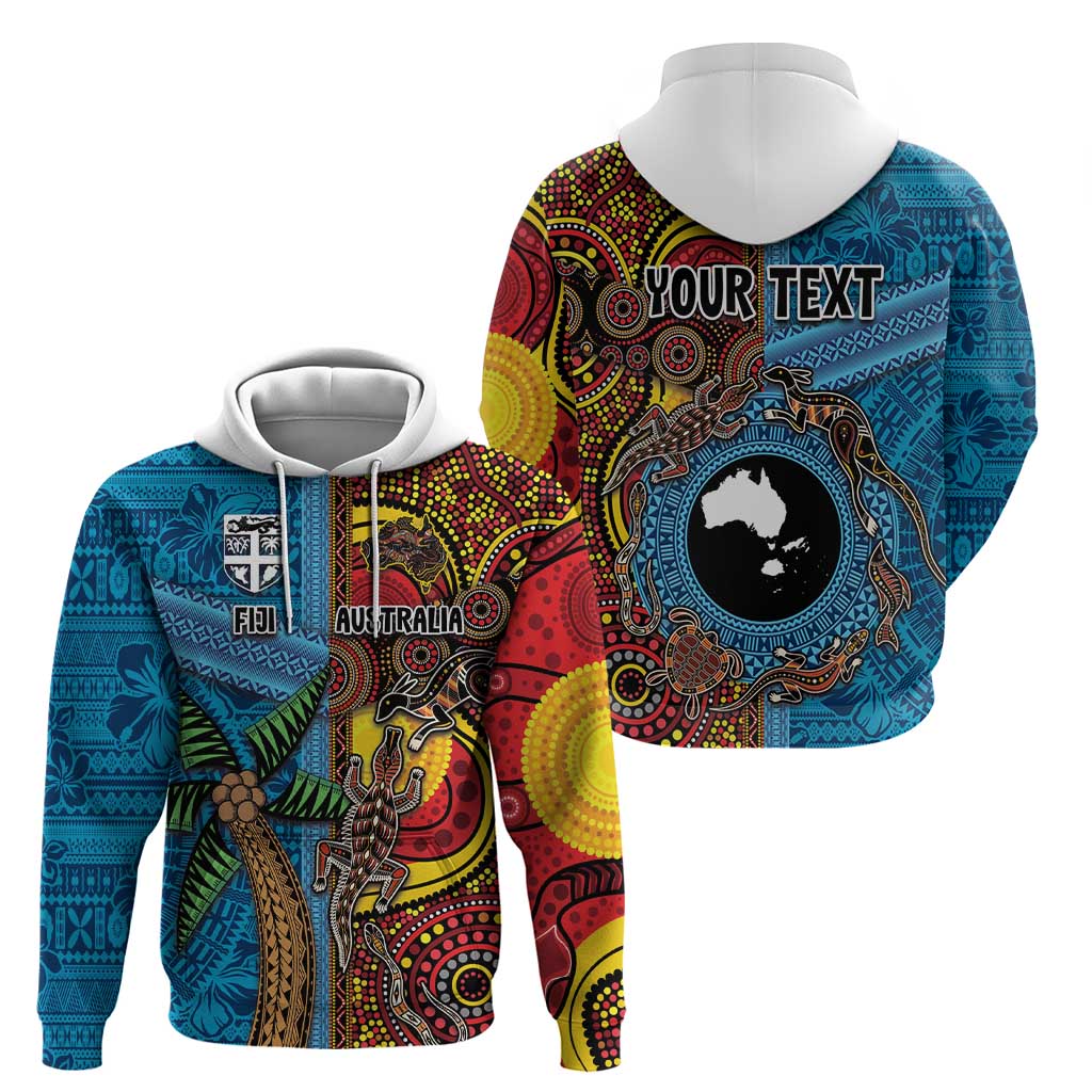 Personalised Australia and Fiji Together Zip Hoodie Tribal Palm Tree with Tapa and Aboriginal Animals Half Style LT03 - Polynesian Pride